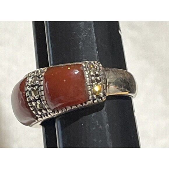 Designer Womens Carnelian Marcasite Sterling Silver Art Deco Style Ring Sz 6.75 - Picture 4 of 8